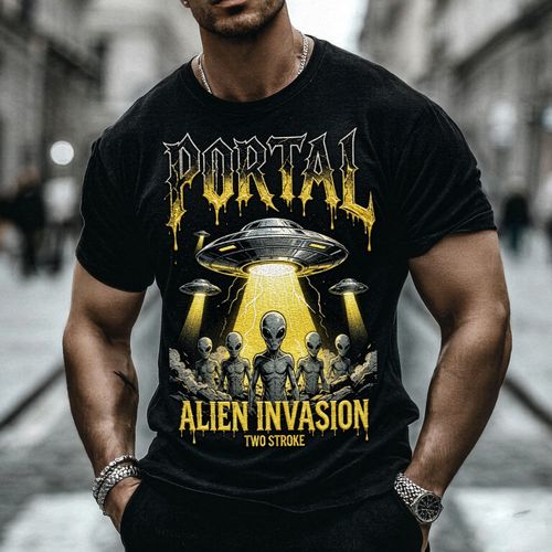 Halloween Streetwear Hip Hop Style Pure Cotton Soft Breathable Short Sleeve T Shirt Alien Invasion UFO Graphic Drip Font Lightning Beam Retro Vintage Design Unique Eye Catching for Autumn Fall Streetwear Night Party