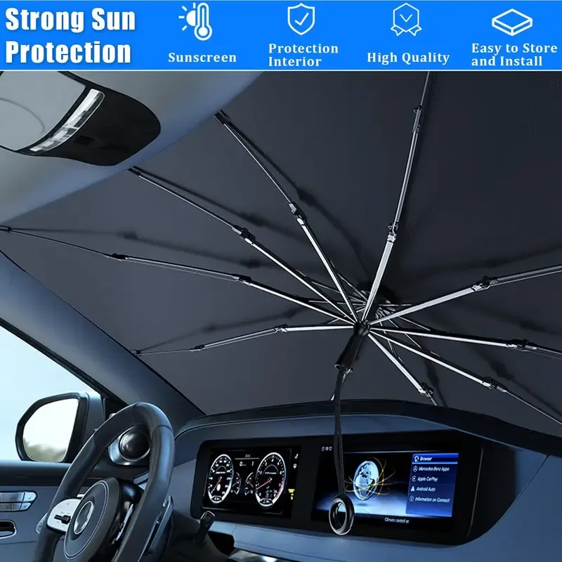 2026 Pull-Cord Umbrella Front Windshield Sunshade, Portable car sunshade, Foldable Windshield Sunshade, Car Exterior Accessories, Large Fit Car Front Window Cover for Semi Truck, Large SUV, Pickup