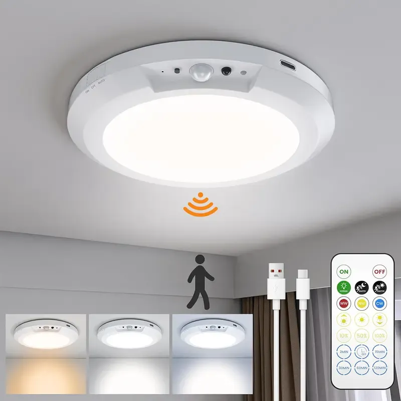 Rechargeable Motion Sensor Ceiling Light with Remote - Magnetic Wireless Ceiling Light Battery Powered for Closet Shower Stairs Shed Hallway Porch Patio etc., Suitable for various scenarios, easy to install.