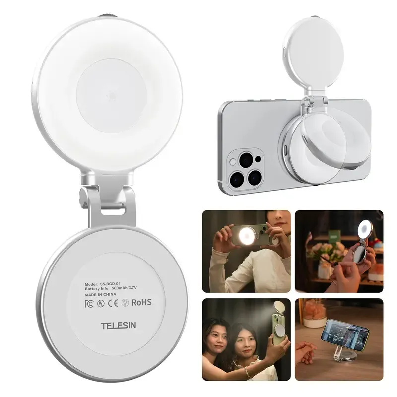 TELESIN Foldable Magnetic Mirror Selfie Light for Phones, LED Ring Light with MagSafe, Mirror & Phone Stand, Rechargeable Three Color Fill Light for Makeup,Live Streaming,Photography