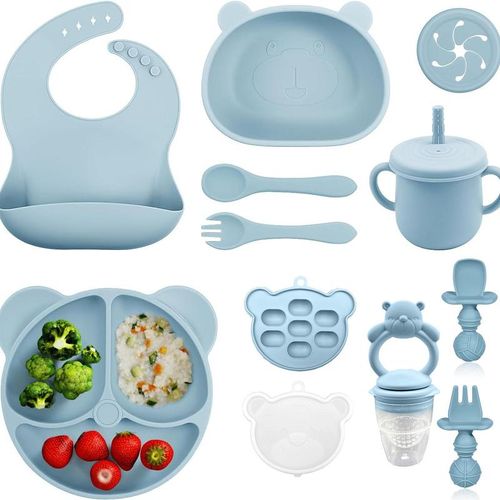Bear Design Silicone Baby Feeding Set, 11-Piece Baby Dinnerware Set with Bowl, Spoon, Fork, Bib, Straw Cup, Snack Cup and Ice Cube Box, Cutlery Utensil Sets
