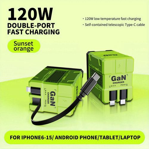 2 in 1 GaN Charger 120W Fast Charging Type C Lightning Retractable Wall Foldable Plug for iPhone Samsung Galaxy iPad MacBook Travel Friendly Compact Safe Tech Gift