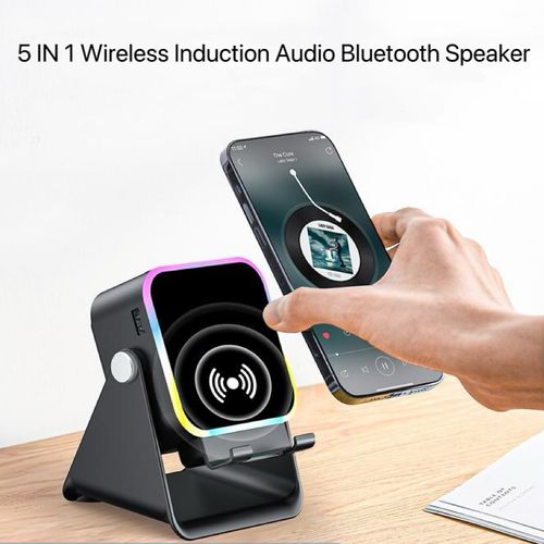 5 IN 1 Wireless Induction Audio Bluetooth Speaker, 360° Rotation Stand with LED,Universal Speaker Stands for Surround Rechargeable Portable Desktop Stand Hands-Free. For Home, Office, Kitchen, Shower, Outdoors, Camping, Travel.Gifts for Men Women