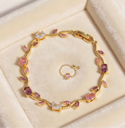 Colorful Flower Leaf Bracelet, Dainty Colorful Sparking Cubic Zirconia Floral Gemstone Flower Leaf Bracelets Sweet Fine Bridal Wedding Prom Jewelry for Her