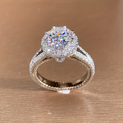 1pc 925 Silver 2 Carat Round Moissanite Crown Ring - Fashionable And Trendy Design, High-end Temperamental - For Women - Perfect for Engagement, Wedding, Anniversary & Proposal - Ideal Gift for Girlfriend