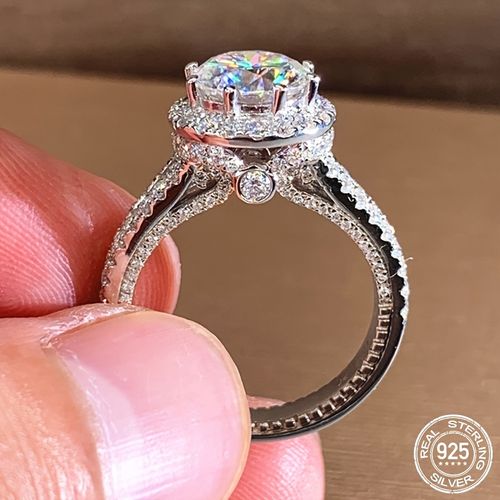925 Silver 2 Carat Round Moissanite Crown Ring
