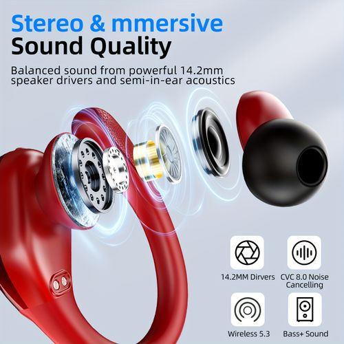New Wireless Earbuds for Running Sports, Noise Cancelling Wireless Earphones with Earhooks Pure Bass Sound, Over Ear Headphones with Dual-LED Display, Earphones Built-in Microphone, Noise Cancelling Headset