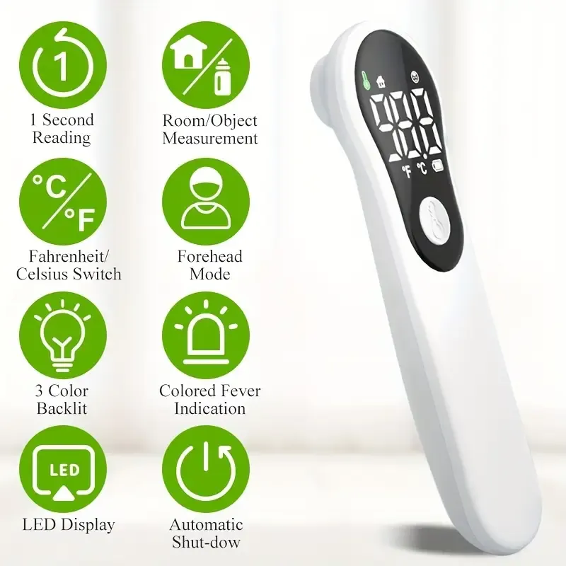 Digital forehead thermometer for adults and children - contactless, for colds and flu, with an accurate temperature sensor, LCD screen, with heat alarm and memory function, results available in one second, suitable for medical and household use