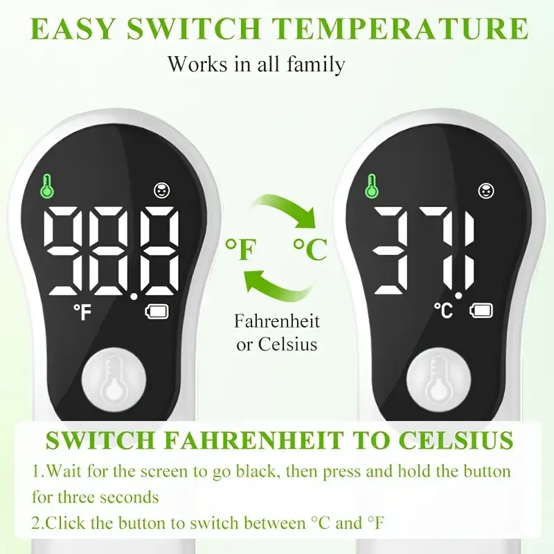Digital forehead thermometer for adults and children - contactless, for colds and flu, with an accurate temperature sensor, LCD screen, with heat alarm and memory function, results available in one second, suitable for medical and household use