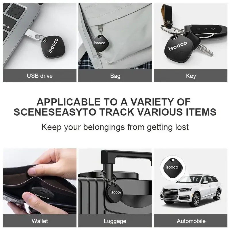 4-piece ISOOCO Smart GPS Tracker (Only compatible with IOS, not Android), Item Finder, Global Positioner, Mini Location Tag, Real-time short-range positioning, suitable for cars, bicycles, suitcases, schoolbags, keychains, wallets, etc., CR2032 replaceable battery, no network required, no need to install APP, permanently free.