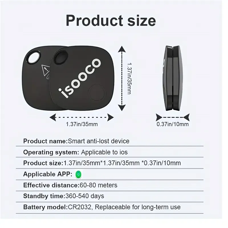 4-piece ISOOCO Smart GPS Tracker (Only compatible with IOS, not Android), Item Finder, Global Positioner, Mini Location Tag, Real-time short-range positioning, suitable for cars, bicycles, suitcases, schoolbags, keychains, wallets, etc., CR2032 replaceable battery, no network required, no need to install APP, permanently free.
