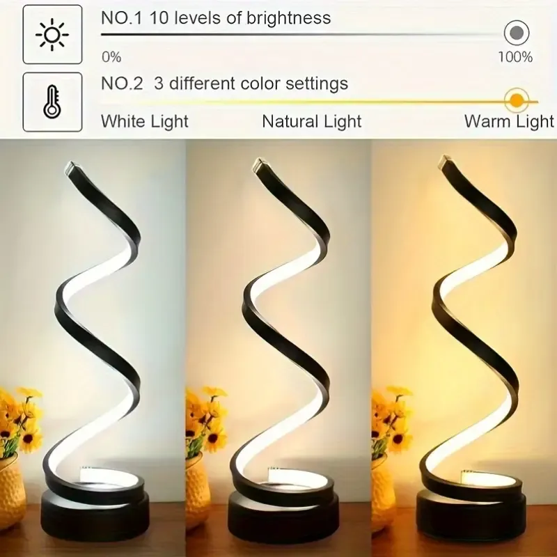 Bedroom bedside lamp - Available in packs of 2 or 1. Features touch control, USB-C charging port, 3-level dimming, a modern and simple spiral design, and comes with an LED bulb