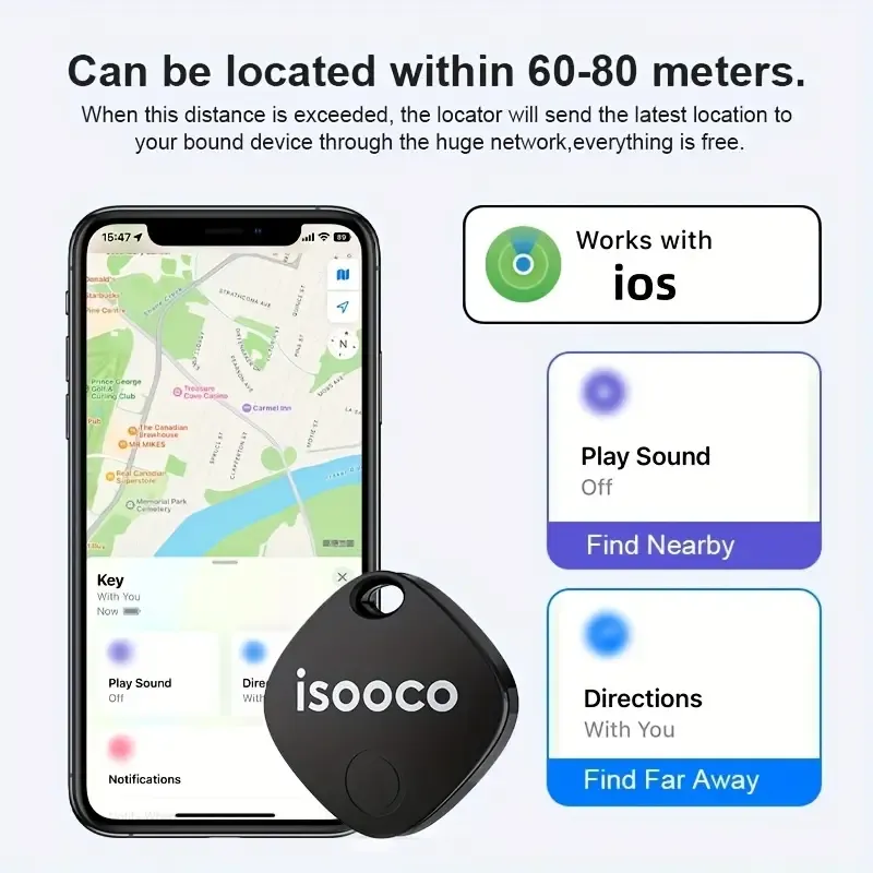 4-piece ISOOCO Smart GPS Tracker (Only compatible with IOS, not Android), Item Finder, Global Positioner, Mini Location Tag, Real-time short-range positioning, suitable for cars, bicycles, suitcases, schoolbags, keychains, wallets, etc., CR2032 replaceable battery, no network required, no need to install APP, permanently free.