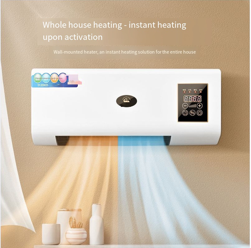 Electric fan - dual-purpose for cooling and heating. Portable mini air conditioner. Bathroom heater. Household remote-controlled wall-mounted electric heater. Heating appliance.