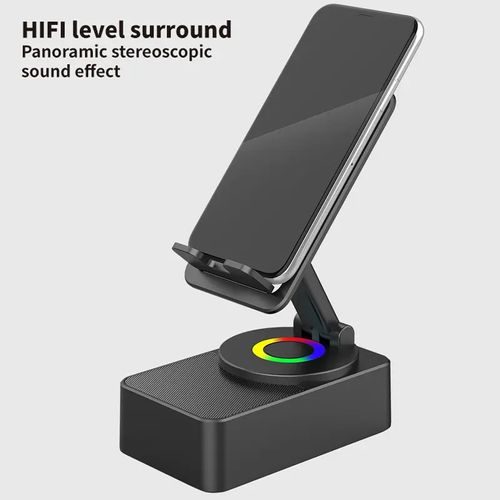 Wireless Audio Bluetooth Speaker 5in1 Phone Holder Emergency Rechargeable  withColorful Ambient Light 300° Foldable for Tablet iPhone Android, Gifts for Men Women (Black)