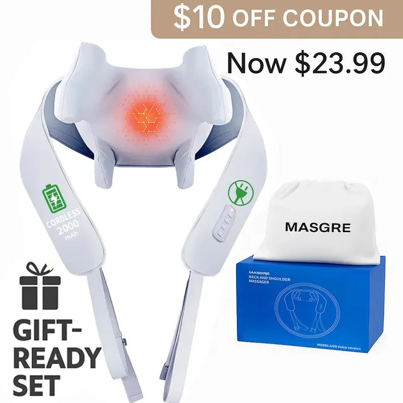 MASGRE Cordless Neck and Shoulder Massager with Heat  Wireless 6D Deep Tissue Kneading Electric Shiatsu Massage Pillow for Neck