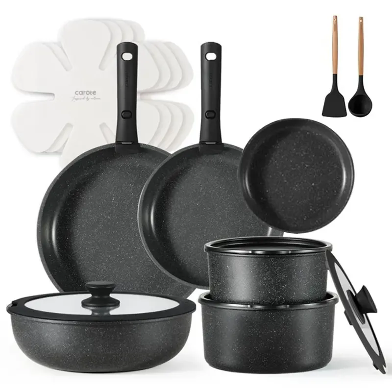 OfficialCAROTE 18pcs Detachable Handle Nonstick Cookware Set, Blue Green Black aupe White, Pots and Pans, Oven safe Frying Pan, Dishwasher Safe