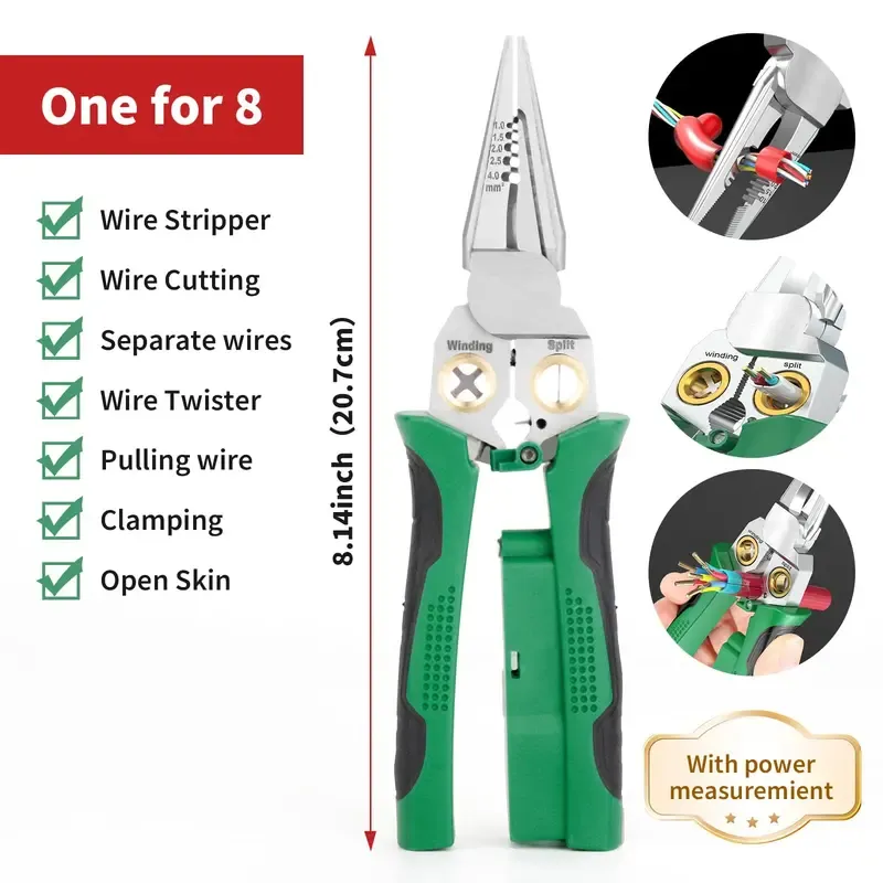 Father's Day Gifts 8 in 1 Wire Stripper Twister for Cutting and Pulling Wires, Cable Scissors,Voltage Tester Pliers, 12V to 250V Live,Null,Hot Wire Judgment AC DC, Audible and Flashing LED Alarms