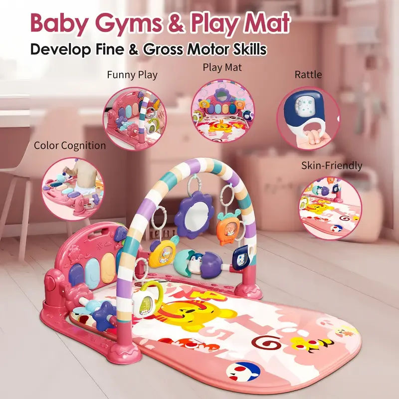 dearlomum Baby Play Mat Baby Gym,Funny Play Piano Tummy Time Baby Activity Mat with 5 Infant Sensory Baby Toys, Music and Lights Boy & Girl Gifts for Newborn Baby(Pink Tiger)