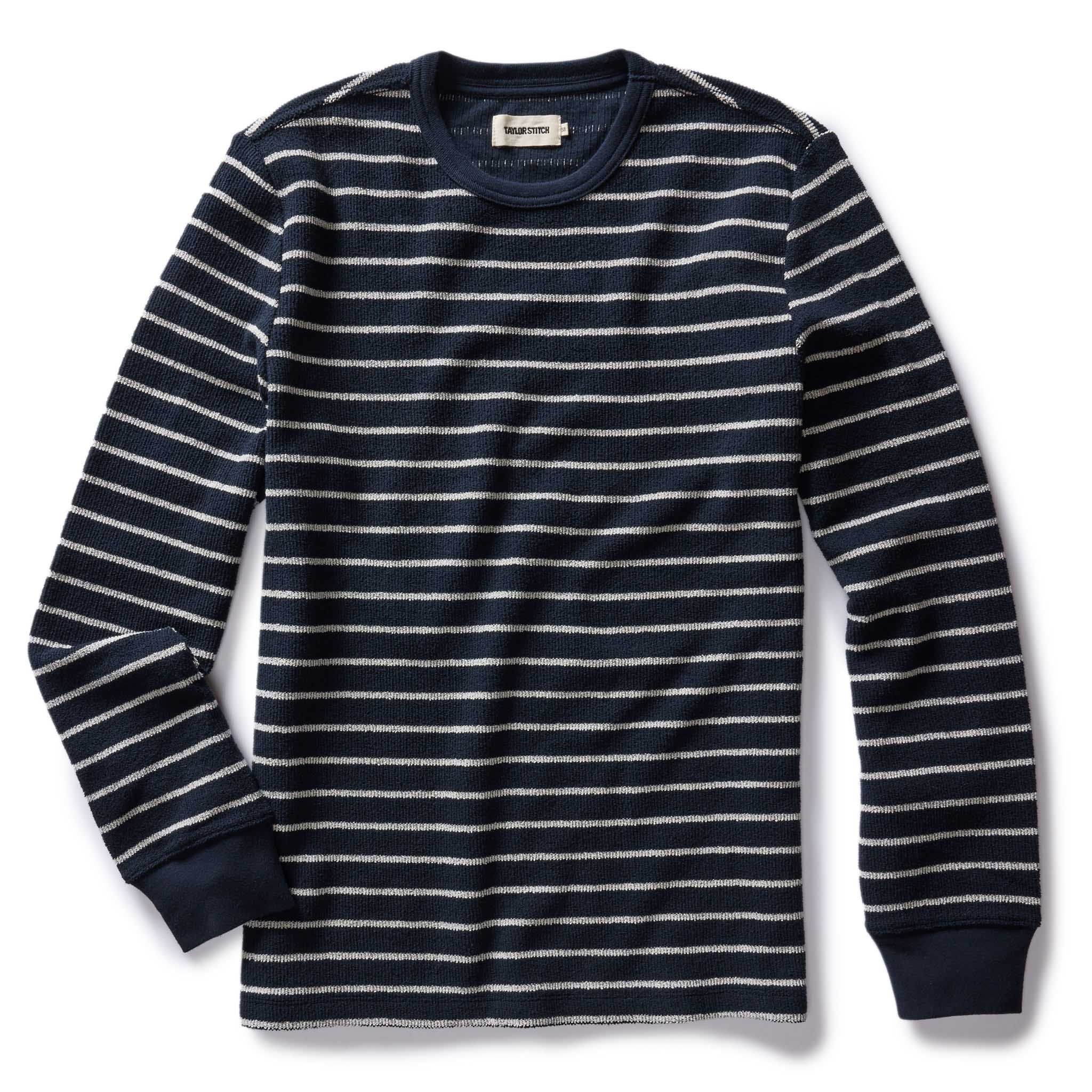 Usuor Adams Crew in Dark Navy Stripe Reverse Terry