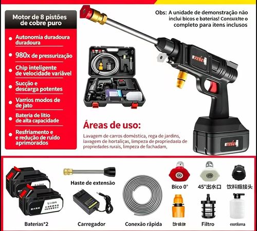 Máquina de lavagem de carros sem fio com pistola de água de alta pressão – Modelo portátil e potente para uso doméstico