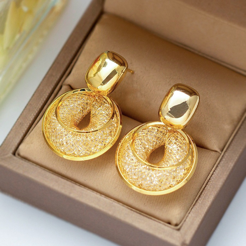 High Fashion Gold Mesh Pendant Necklace + Earrings Jewelry Set