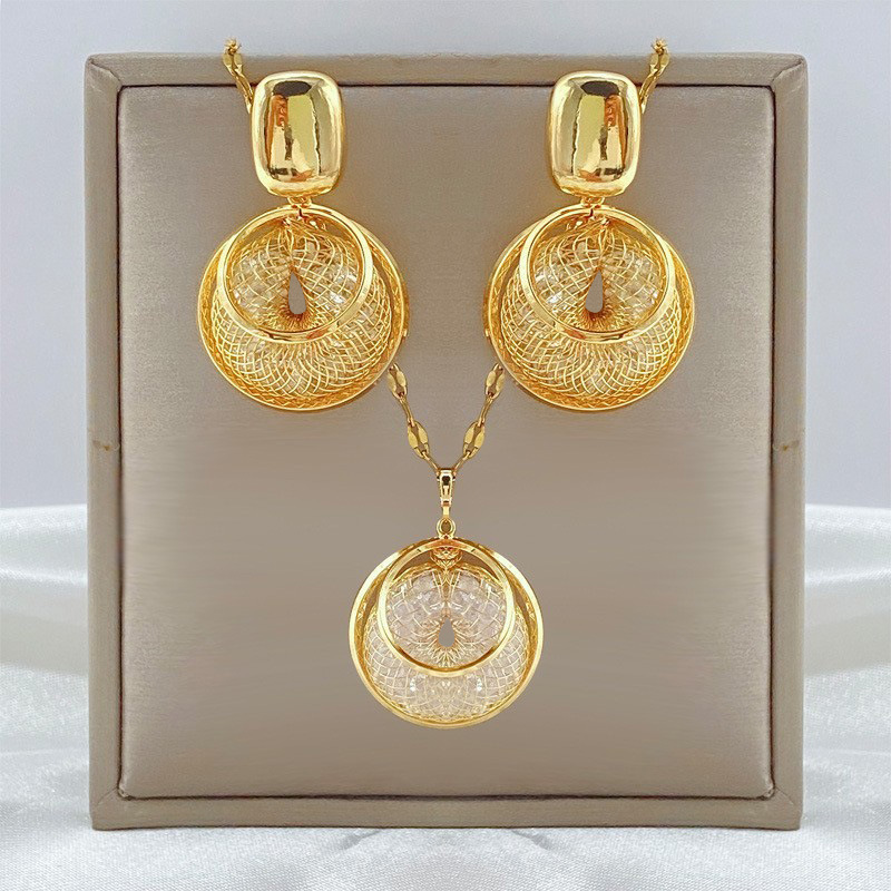 High Fashion Gold Mesh Pendant Necklace + Earrings Jewelry Set
