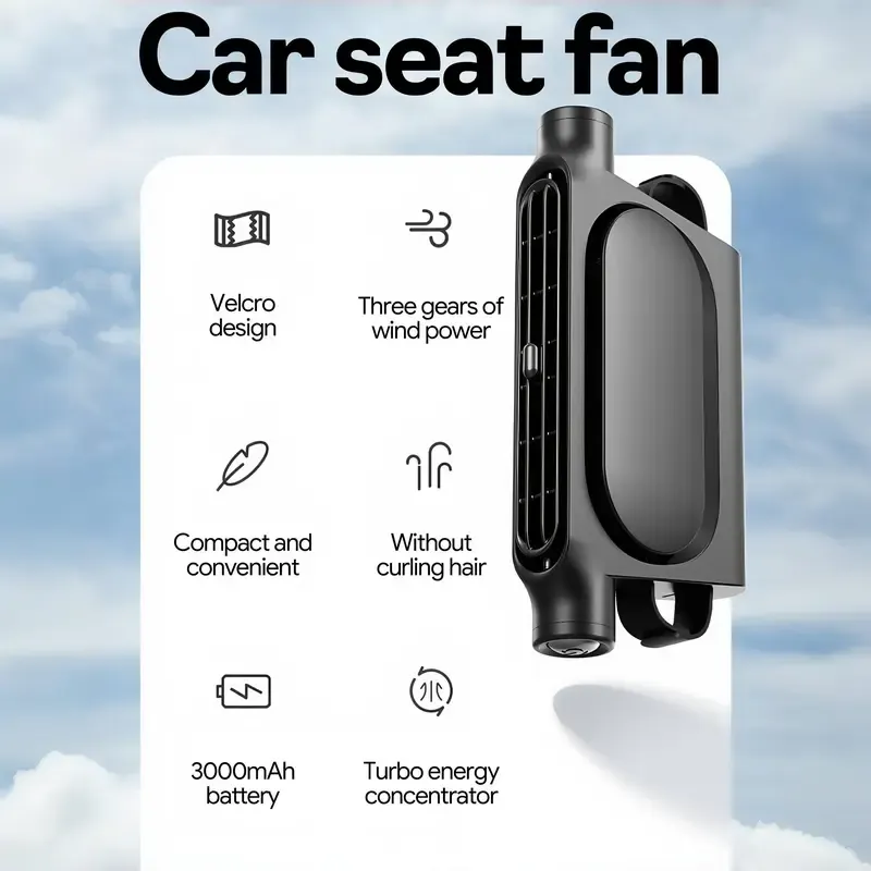 Portable Car Seat Cooler, Adjustable Car Fan, Car Seat Air Conditioner, Suitable for Most Cars, SUV, RV, Boat, Equipped with 3000mAh Battery