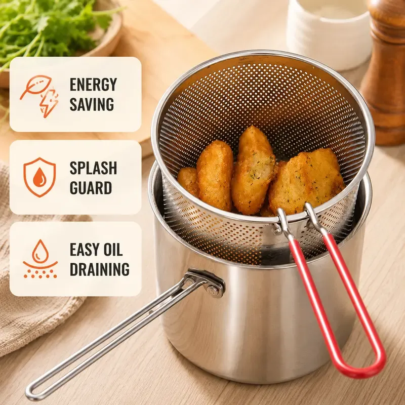 304 Stainless Steel Deep Fryer Set - 5.12*4.72in 1-Person Mini Pot with Fry Pot, Filter Basket, Food Clip, Rust-Resistant Portable Cookware for Home Kitchen Chips, Chicken Wings