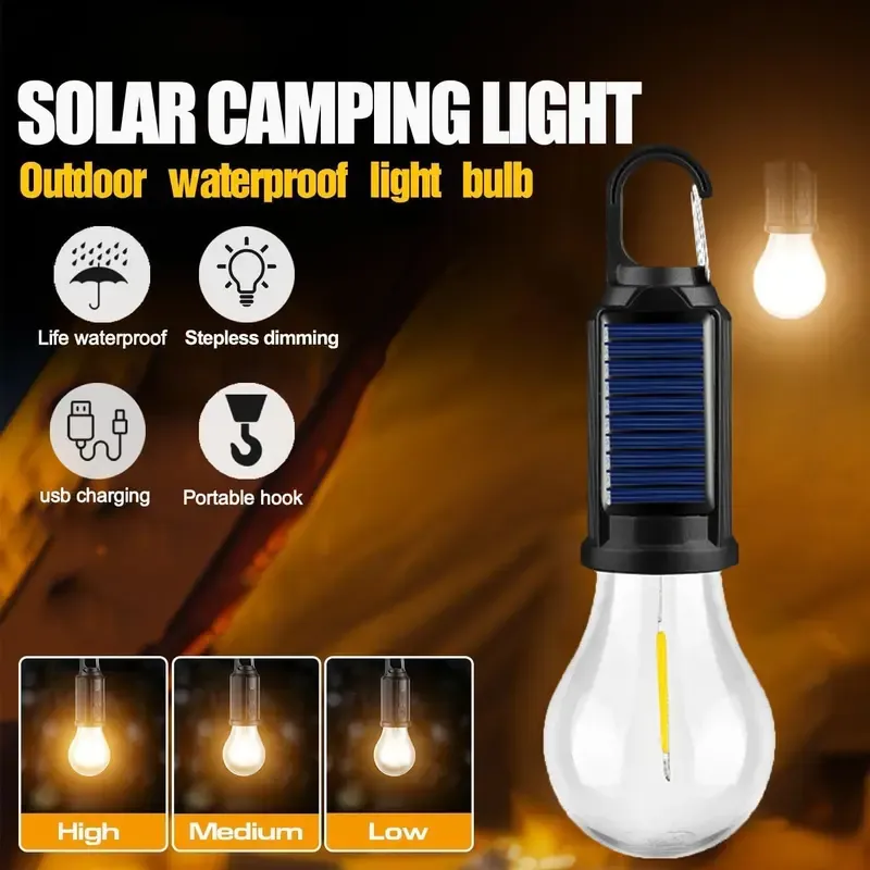 Solar Rechargeable Hooked Camping Light Vintage Outdoor Tent Camping Ambient Light Multi-functional Household Tungsten Lights
