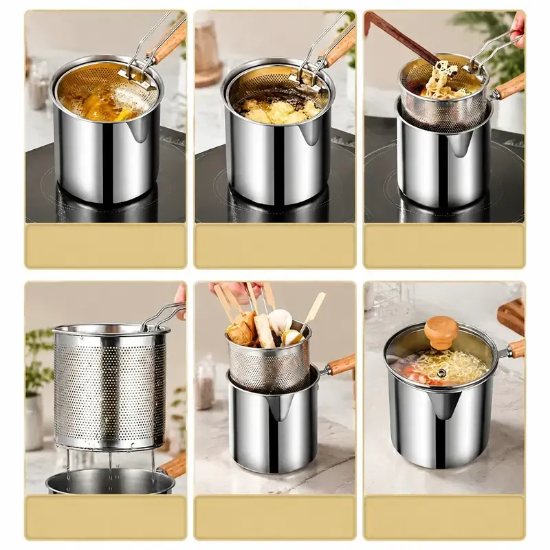 304 Stainless Steel Deep Fryer Set - 5.12*4.72in 1-Person Mini Pot with Fry Pot, Filter Basket, Food Clip, Rust-Resistant Portable Cookware for Home Kitchen Chips, Chicken Wings