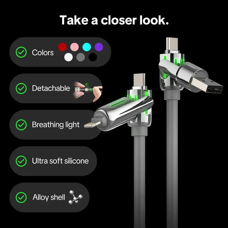 MFish Armored Dragon I 4-in-1 Multi 240W Fast Charging super Liquid Silicone Cable with USB A Type C Lightning for iPhone17&Samsung Laptops Charger