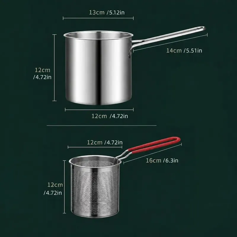 304 Stainless Steel Deep Fryer Set - 5.12*4.72in 1-Person Mini Pot with Fry Pot, Filter Basket, Food Clip, Rust-Resistant Portable Cookware for Home Kitchen Chips, Chicken Wings