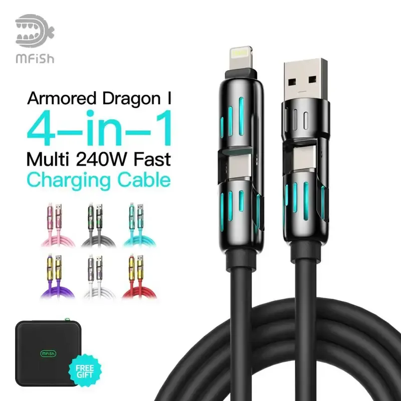 MFish Armored Dragon I 4-in-1 Multi 240W Fast Charging super Liquid Silicone Cable with USB A Type C Lightning for iPhone17&Samsung Laptops Charger