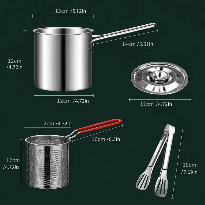304 Stainless Steel Deep Fryer Set - 5.12*4.72in 1-Person Mini Pot with Fry Pot, Filter Basket, Food Clip, Rust-Resistant Portable Cookware for Home Kitchen Chips, Chicken Wings