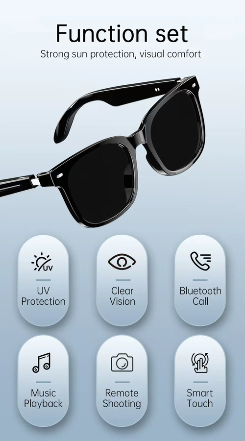 AI Smart Bluetooth Audio Sunglasses: UV protection, crystal-clear vision, hands-free calling and music playback, remote photography control, and smart touch interface. Unisex in design—stylish, sophisticated, and comfortable—these premium sunglasses are ideally suited for outdoor driving and cycling activities in Ghana.