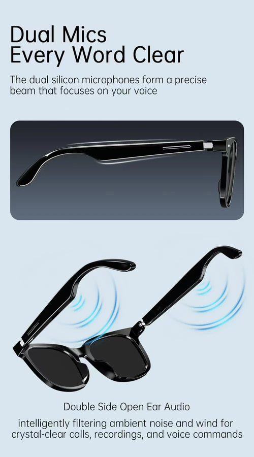 AI Smart Bluetooth Audio Sunglasses: UV protection, crystal-clear vision, hands-free calling and music playback, remote photography control, and smart touch interface. Unisex in design—stylish, sophisticated, and comfortable—these premium sunglasses are ideally suited for outdoor driving and cycling activities in Ghana.