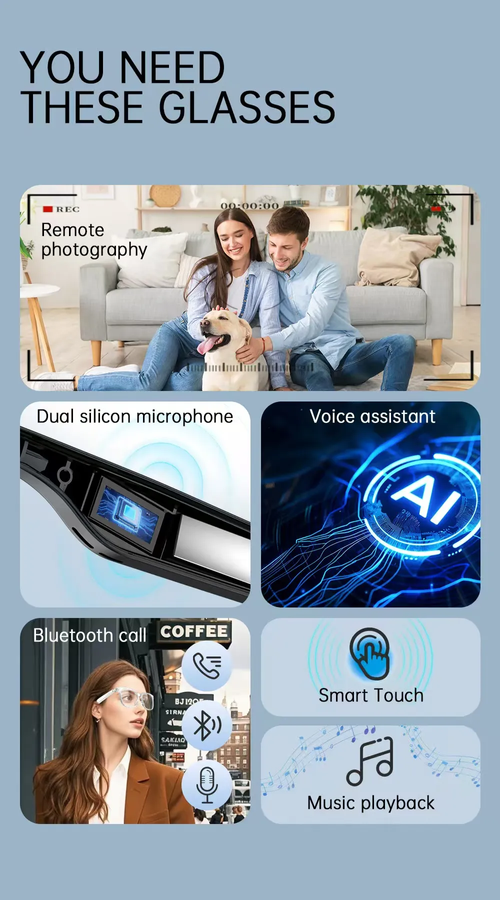 AI Smart Bluetooth Audio Sunglasses: UV protection, crystal-clear vision, hands-free calling and music playback, remote photography control, and smart touch interface. Unisex in design—stylish, sophisticated, and comfortable—these premium sunglasses are ideally suited for outdoor driving and cycling activities in Ghana.