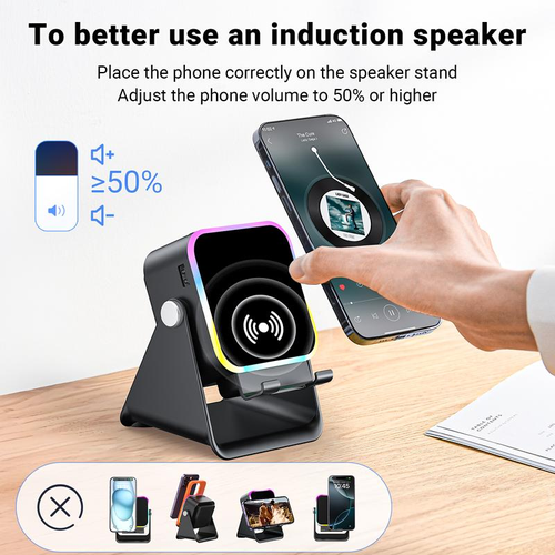 Wireless Induction Audio Speaker Stand, 5in1 Cellphone Holder, 1500mAh Rechargeable Emergency Power Bank,360° Adjustable Mobile Tablet Stand with Colorful Ambient Light Gifts for Men Women