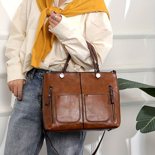 Bolsa Tote Retrô de Grande Capacidade Feminina
