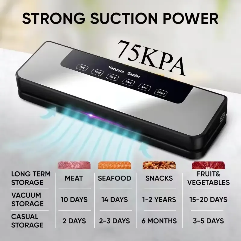 75KPa Food Vacuum Sealer – 6-in-1 Sealing with 50 Free Bags