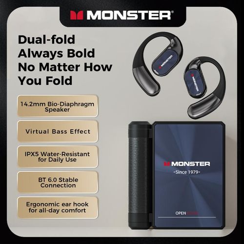 Monster Bluetooth Earbuds – Dual-fold design, deep bass, IPX5 waterproof. Perfect for music and travel!