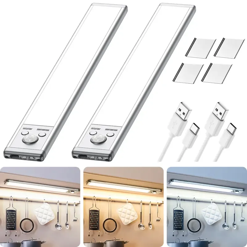 2-Pack 24cm Motion Sensor Under Cabinet Lights, USB Rechargeable & Dimmable LED Lights for Home