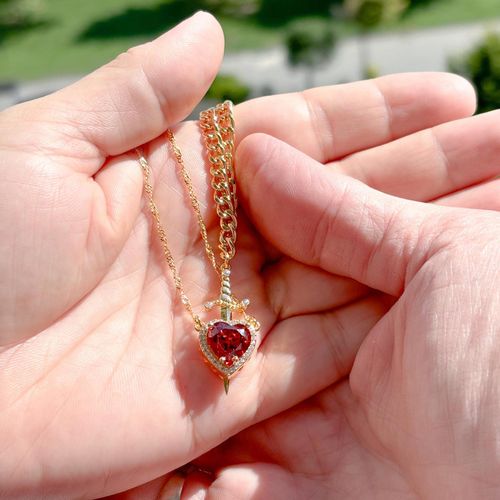 Sword and Heart 18K Gold Plated Stainless Steel Couple Necklace Zircon Love Necklace for Couple