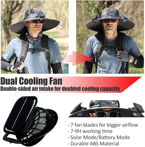 Solar Fan Hat with 2 Detachable Fans Wide Brim Sun Hat for Outdoor Hiking Universal Solar Charging