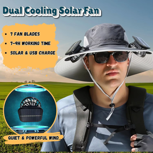 Solar Fan Hat with 2 Detachable Fans Wide Brim Sun Hat for Outdoor Hiking Universal Solar Charging
