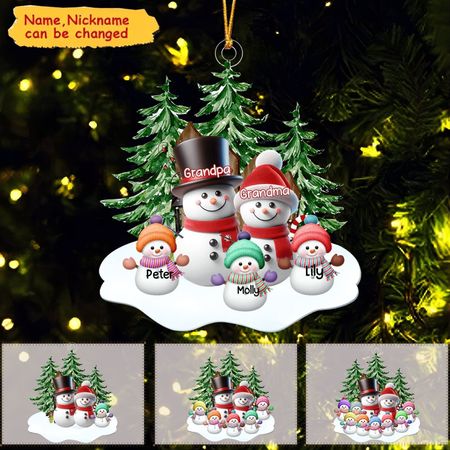 Granparents Parents Snowmen With Baby Kids In Pine Tree Forest - Personalized Shape Ornament