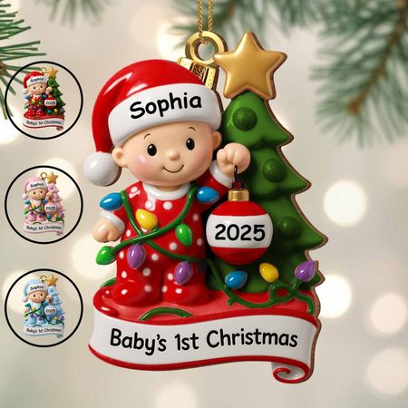 Decorate your baby's first Christmas with a festive tree and lights - custom acrylic ornaments