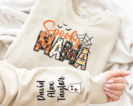 Custom Halloween Spooky Mama Sweatshirt with Kids Name on Sleeve Sweatshirt, Cool Mama Halloween Sweatshirt Custom Mama