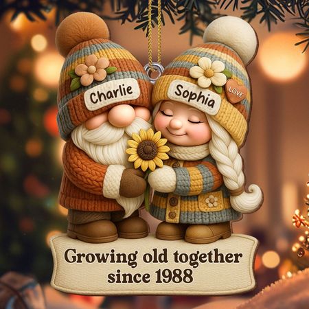 Growing Old Together Gnome Couple Ornament - Personalized Custom Wood Ornament, Custom Shaped